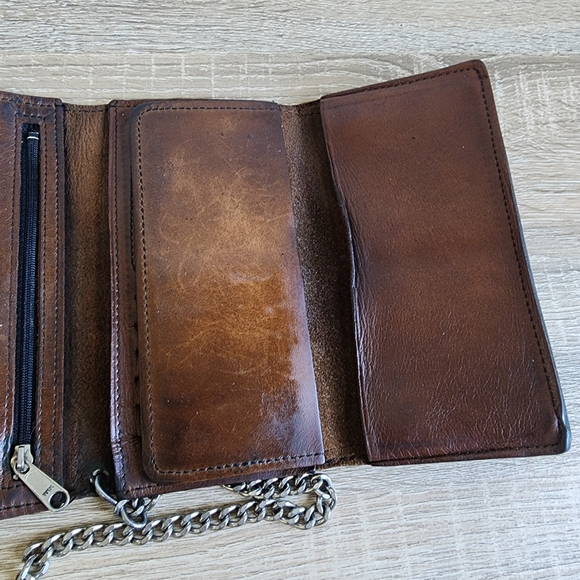 VINTAGE HARLEY DAVIDSON Motorcycle Tri Fold long Brown Leather Wallet & Chain - Picture 10 of 16